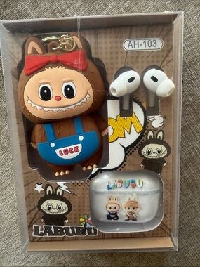 LABUBU Kids Earbud Case & White Earbuds - Brown Red Blue Character Set